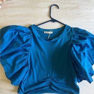 ZARA Women Cobalt Blue Exaggerated Sleeve Crop Top